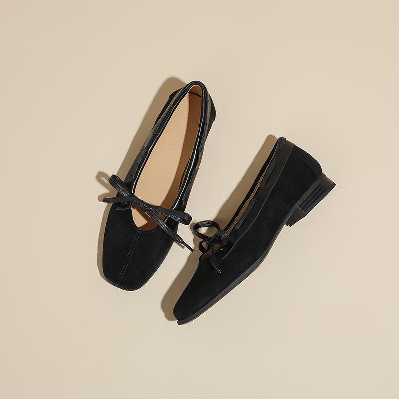 Ретро замшевые туфли Мэри Джейн в британском стиле, балетки с бантом, туфли-лодочки с мелким вырезом, квадратным носком и на плоской подошве