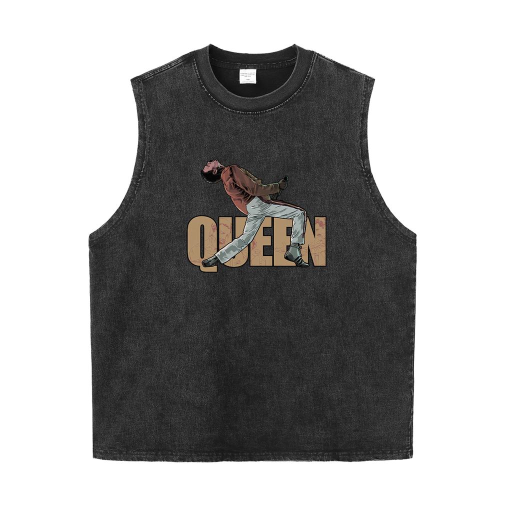 Vintage Washed Aged Queen Band Print American Street Rock Tank Tops Short Sleeve T-Shirt Mens Womens Sports Fitness