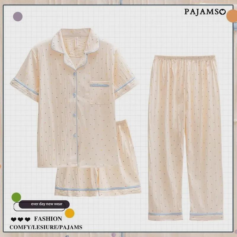 Летняя пижамная одежда Dopamine Pink Striped из хлопкового крепа - женская, с короткими рукавами, из трех предметов