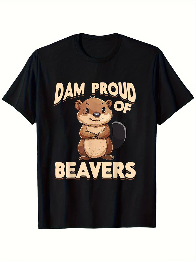 1pc, Beaver Pattern T-shirt, Round Neck T-shirt, Casual Short-sleeved Top, All-season - Dam Proud o