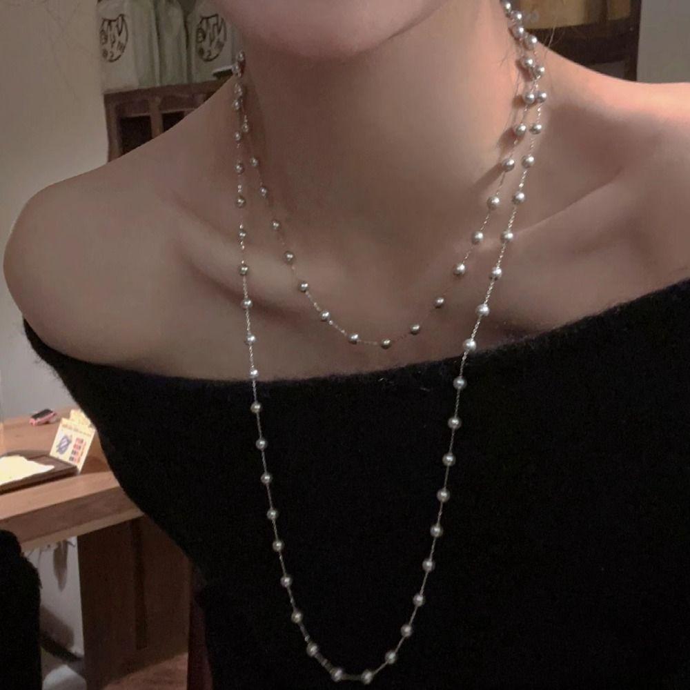 Fashion Long Pearl Necklace Simulated Pearl Collarbone Chain Elegant Sweater Chain Dress