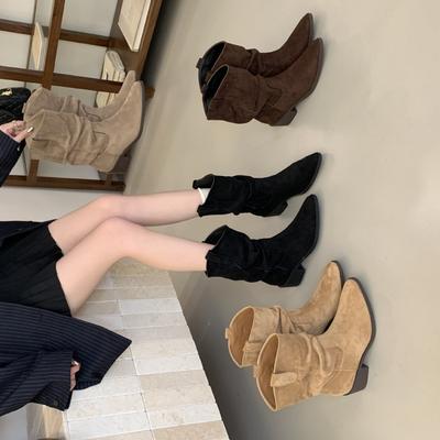 Французские ретро замшевые ботфорты на наборном каблуке, ковбойские сапоги в западном стиле, женские, осень-зима 2025, новые, на толстом каблуке, средней высоты, универсальные короткие сапоги