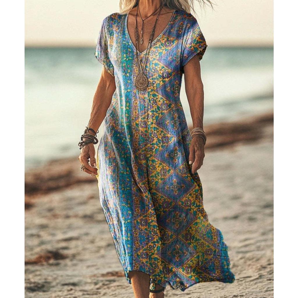 Bohemian Retro Print Raglan Sleeve Summer Maxi Dress