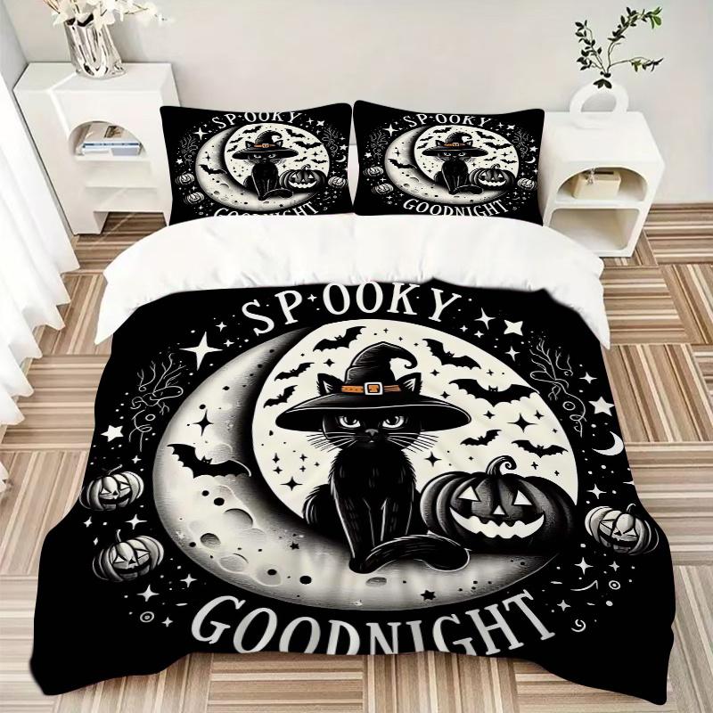 3pcs Shining Moon & Wizard Black Cat Goodnight Bedding Set, Including 1 Quilt Cover and 2 Pillow Shams, Without Filling, Soft and Comfortable Hom