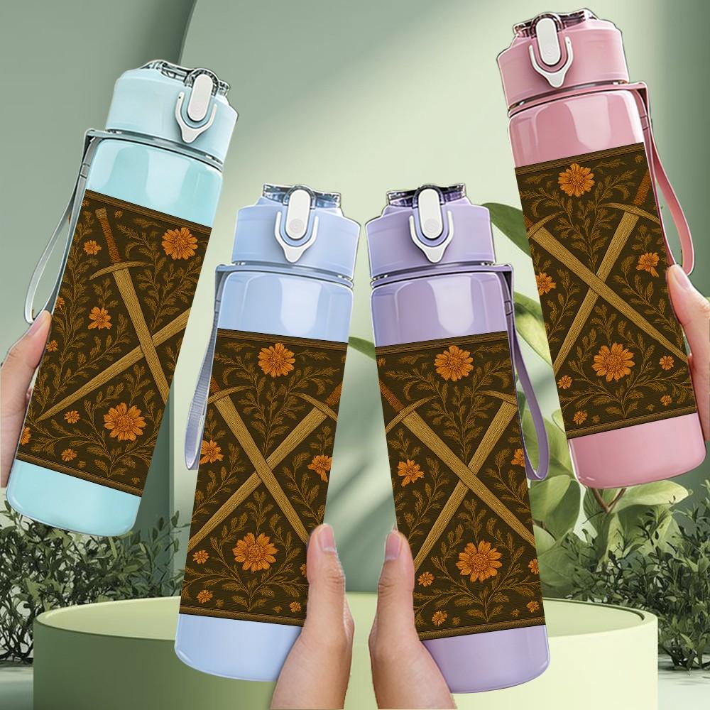 1PC Cross Wooden Texture Print 750ml Color Plastic Sports Water Bottle Leakproof Flip Straw Lid Suitable for Sports Office Home Use