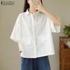 Women Casual Turn Down Collar Summer Loose Half Sleeve Blouse