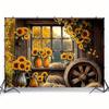 2D Printed Backdrop with Wooden Window, Sunflowers, Hay Bales and Wagon Wheel