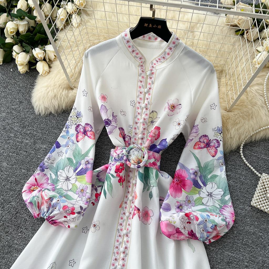 Весна-лето Женские однобортные платья с рукавами-фонариками и принтом, длинные макси, для отдыха на пляже, с поясом