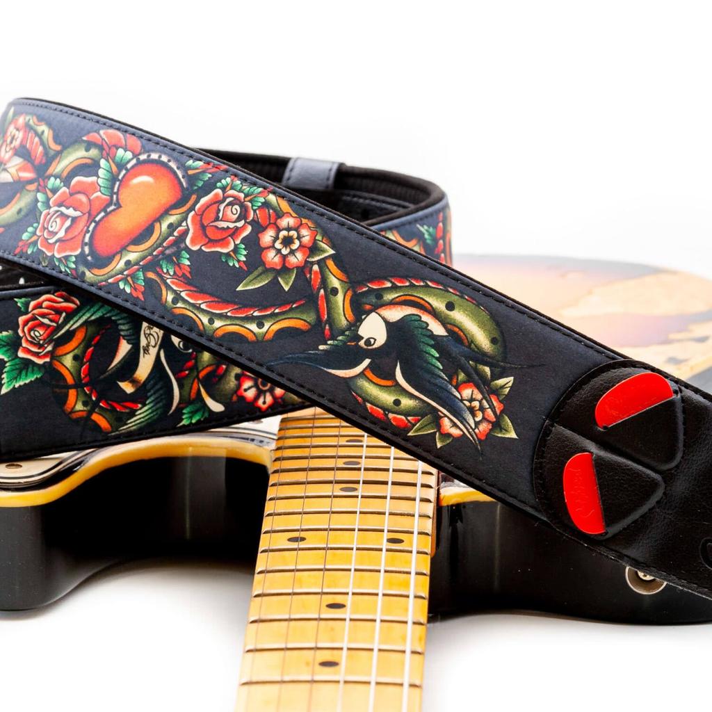 Straps 6cm TATTOO BLACK RightOn! Guitar/Bass Strap, Wide, 100-150cm,