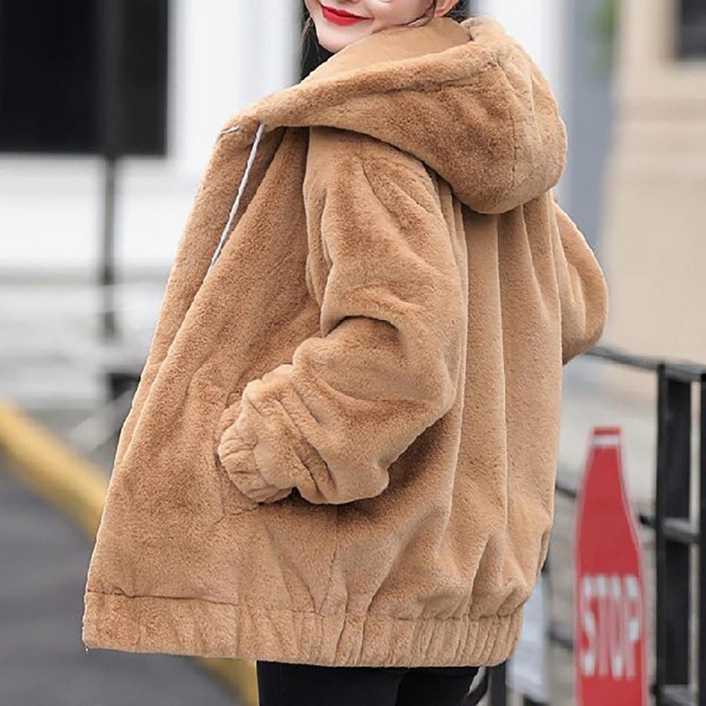 Плюшевая карманная куртка с капюшоном из искусственного кролика для женщин. Свободный плюшевый женский топ с длинными рукавами.