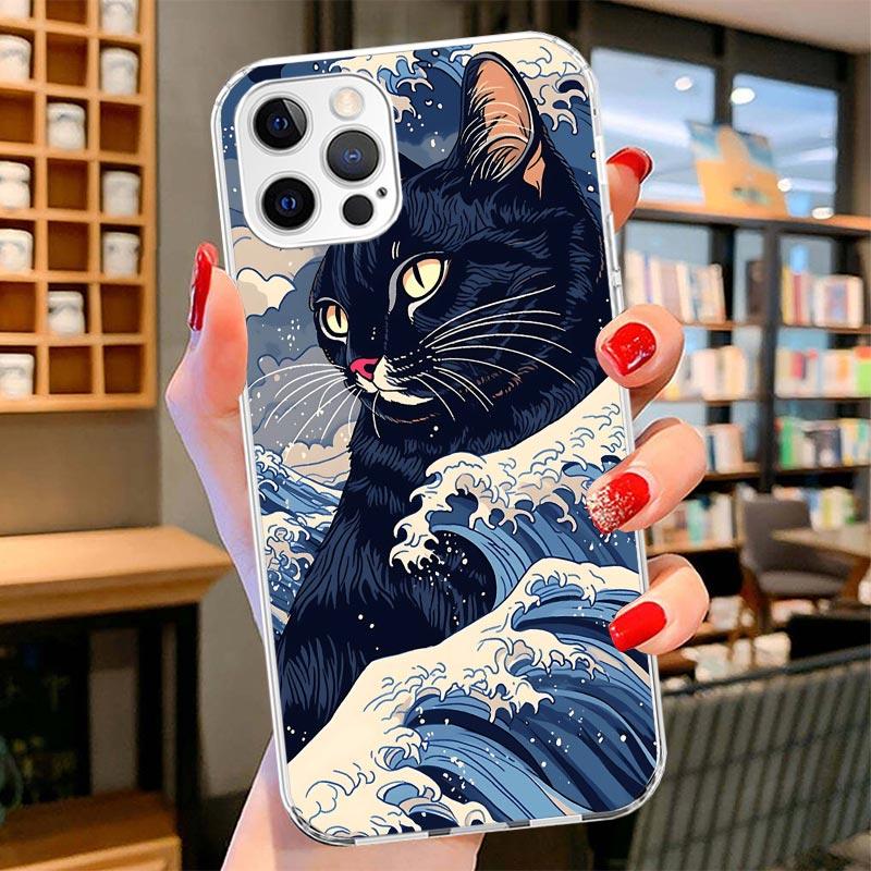 Аниме Кот Морская Волна Эстетичный Чехол для Телефона Для iPhone 16 17 Air 15 14 Pro Max 16E Чехол для Телефона 13 Mini 12 11 7 SE 8 Печать Patte