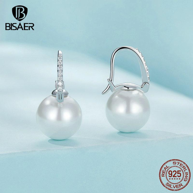 Bisaer Настоящее серебро 925 пробы, европейский простой U-образный стиль, большие жемчужные серьги-кольца с ракушками, женские серьги-капли