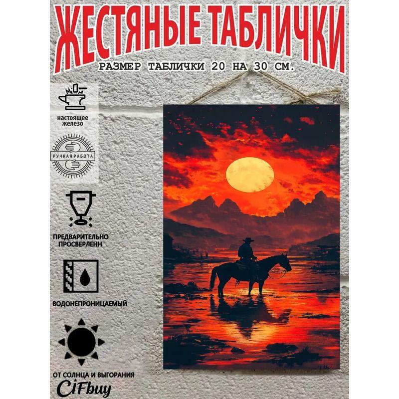 Металлическая жестяная табличка "Ковбой на лошади" 20x30 см Рустикальный декор стен