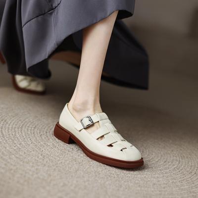 Модная женская новая весенне-осенняя обувь с круглым носком, толстой подошвой, полым металлическим ремешком с пряжкой, средним каблуком, большой римской повседневной одинарной обувью