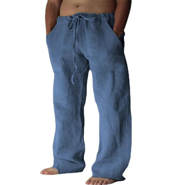 Мужские повседневные брюки, новые однотонные спортивные брюки из хлопка и льна, свободные повседневные брюки с завязками и несколькими карманами