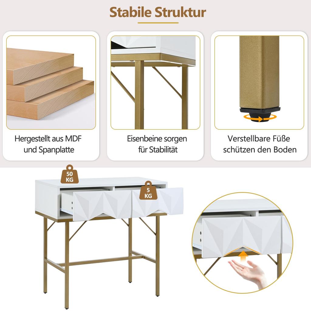 Konsolentisch, Flurtisch mit 2 Schublade, Beistelltisch Holz, Sofatisch mit stabilem Metallrahmen