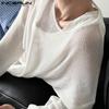 INCERUN Весенние мужские полые топы с длинными рукавами, повседневные прозрачные вязаные пуловеры