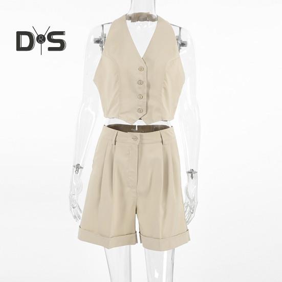 2 Pcs/Set Women Vest Shorts Suit Sleeveless Single-breasted Off Shoulder Halter Neck Button Solid Color Waistcoat High Waist Straight Knee Length