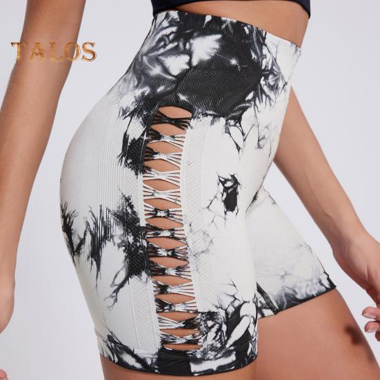 Шорты для йоги. Облегающий крой. Высокая эластичность. Контроль живота. Бесшовные. Быстросохнущие. Тай-дай.