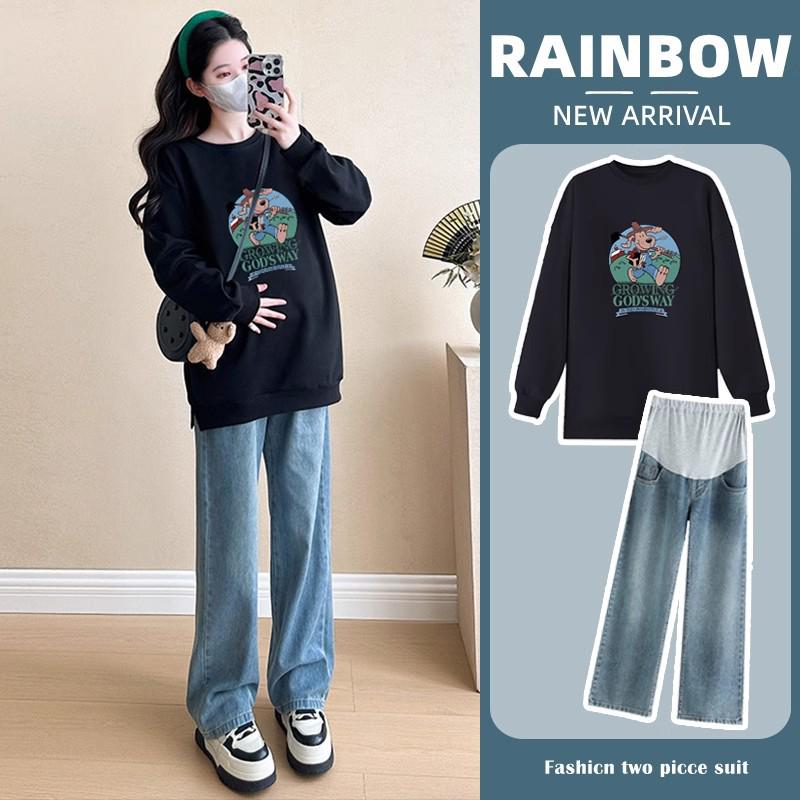 Мода для беременных Осень/Зима 2025 Свитшот с закрывающим живот и джинсы, комплект из двух предметов