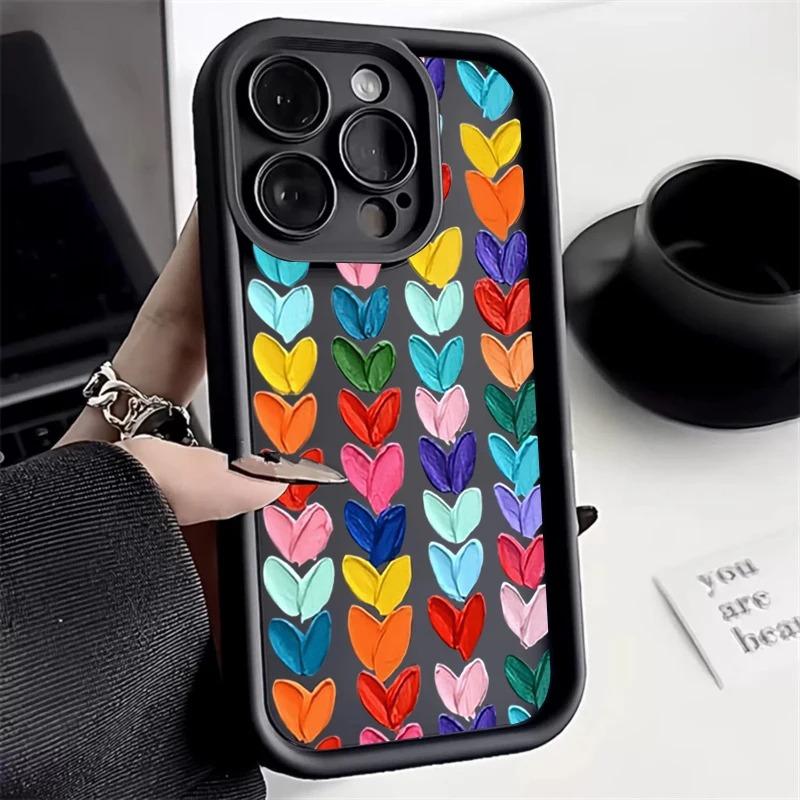 Красочный чехол-масляная живопись с сердцем для iPhone 16 E 15 14 13 12 Mini 11 Pro Max XS X 8 7 Plus SE Жидкий мягкий силиконовый задний чехол