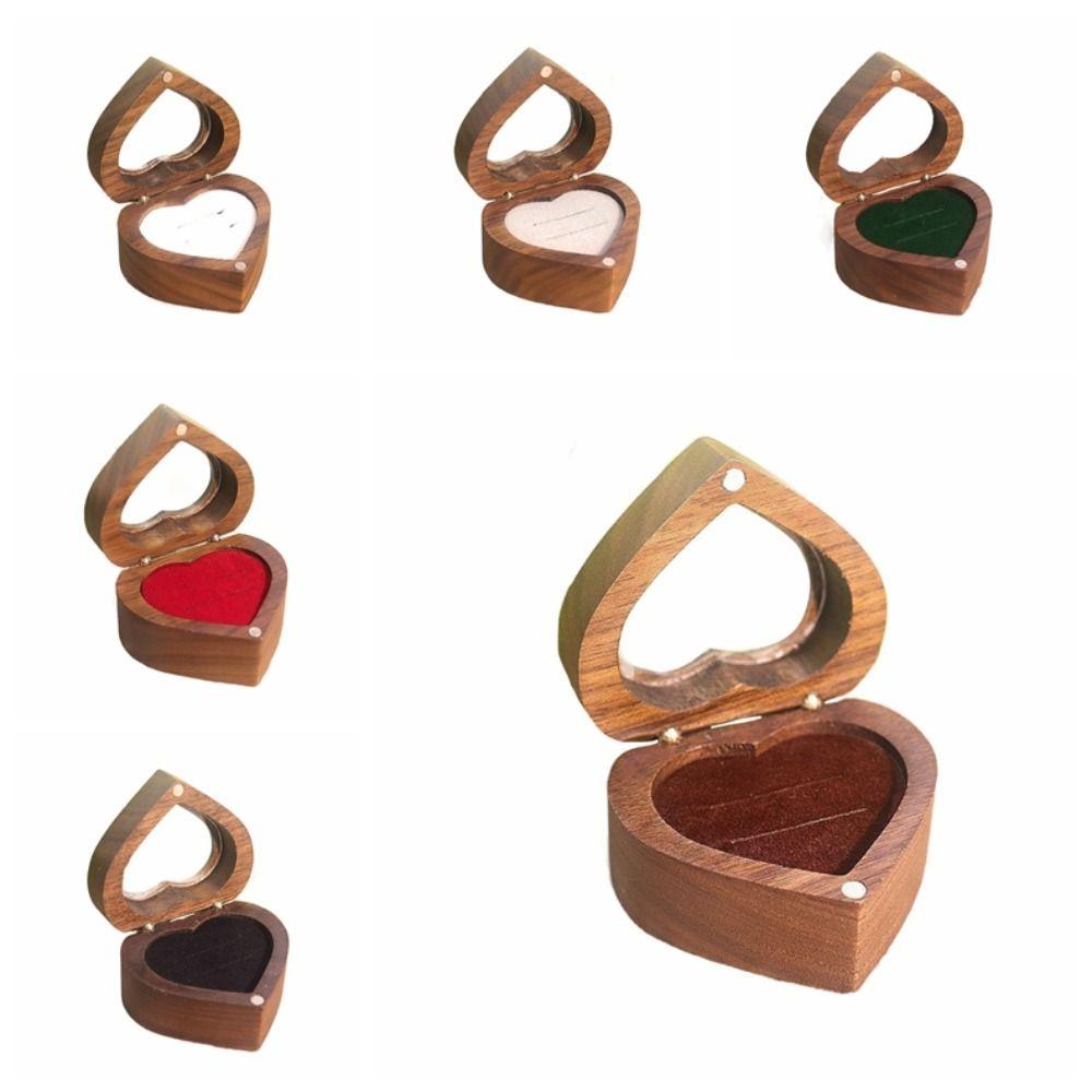 Transparent Cover Walnut Wood Rings Box 2 Slots Rings Bearer Box Simple Heart Rings Holder  Propose