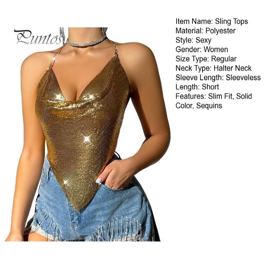 Women Sequin Sling Tops Halter Sleeveless Backless Short Vest with Metal Chain Laces And Swing Collar Sexy Camisole