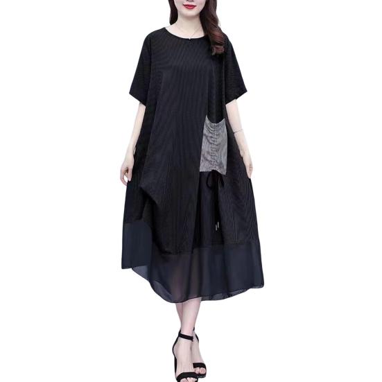 Women's Summer Short Sleeve Midi Dress with Pocket Casual Crew Neck Mesh T-shirt