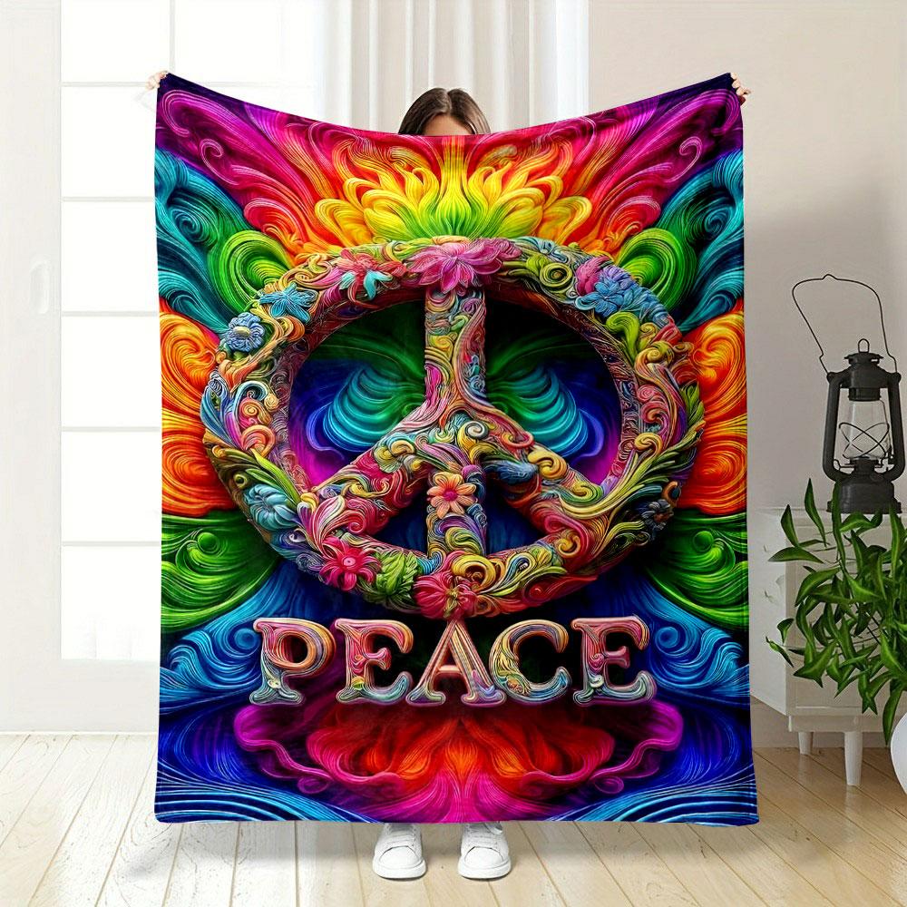 Colorful Peace Sign with Floral Design Patterned blanket, flannel, suitable for all seasons, home decor, warm and cozy