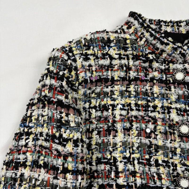 2026 Womens Silk-Lined Tweed Cropped Jacket With Stand Collar Colorful Sequins Plaid