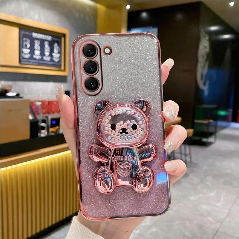 Чехол с блестящим покрытием для Oppo Realme 12 11 10 9 8 Realme12 Pro Plus, кронштейн с милым медведем, прозрачная крышка-подставка