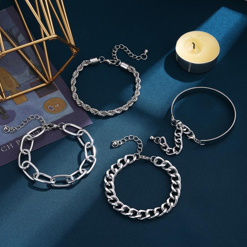4Pcs Chunky Gold Stackable Bracelet Set Paperclip Curb Twisted Chain Smooth Bangle Minimal Layering Wrist Jewelry for Women