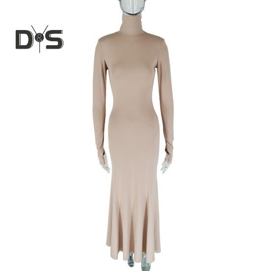 Женское вечернее платье с длинными рукавами, облегающее, однотонное, с вырезом на спине, длиной до пола, эластичное, с полувысоким воротником, вечернее платье макси для выпускного вечера