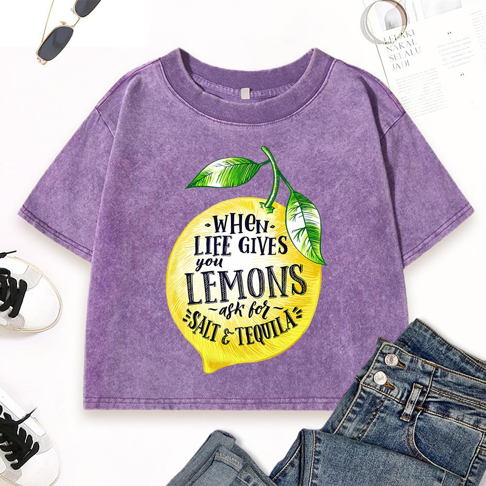 When Life Gives You Lemons Printing Women Washed T Shirts Street Hip Hop Short Sleeve Cotton Slim Top Summer T-Shirt