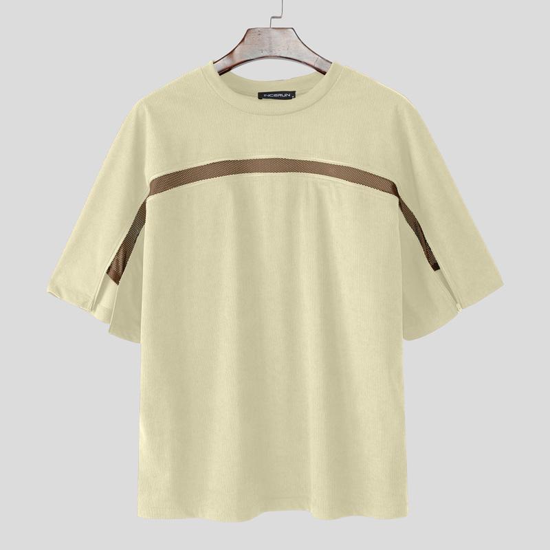 INCERUN Men Short Sleeve Hollow Patchwork Zip-up Casual Loose T-shirts