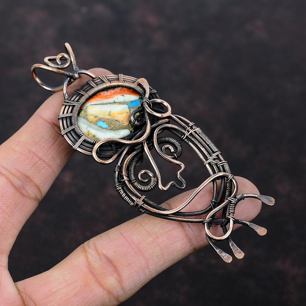 Подвеска из колючей устрицы и медной бирюзы, обернутая медной проволокой, ювелирное изделие из драгоценного камня ручной работы, подвеска с обмоткой проволокой, подвеска из античной меди, подарок для женщин