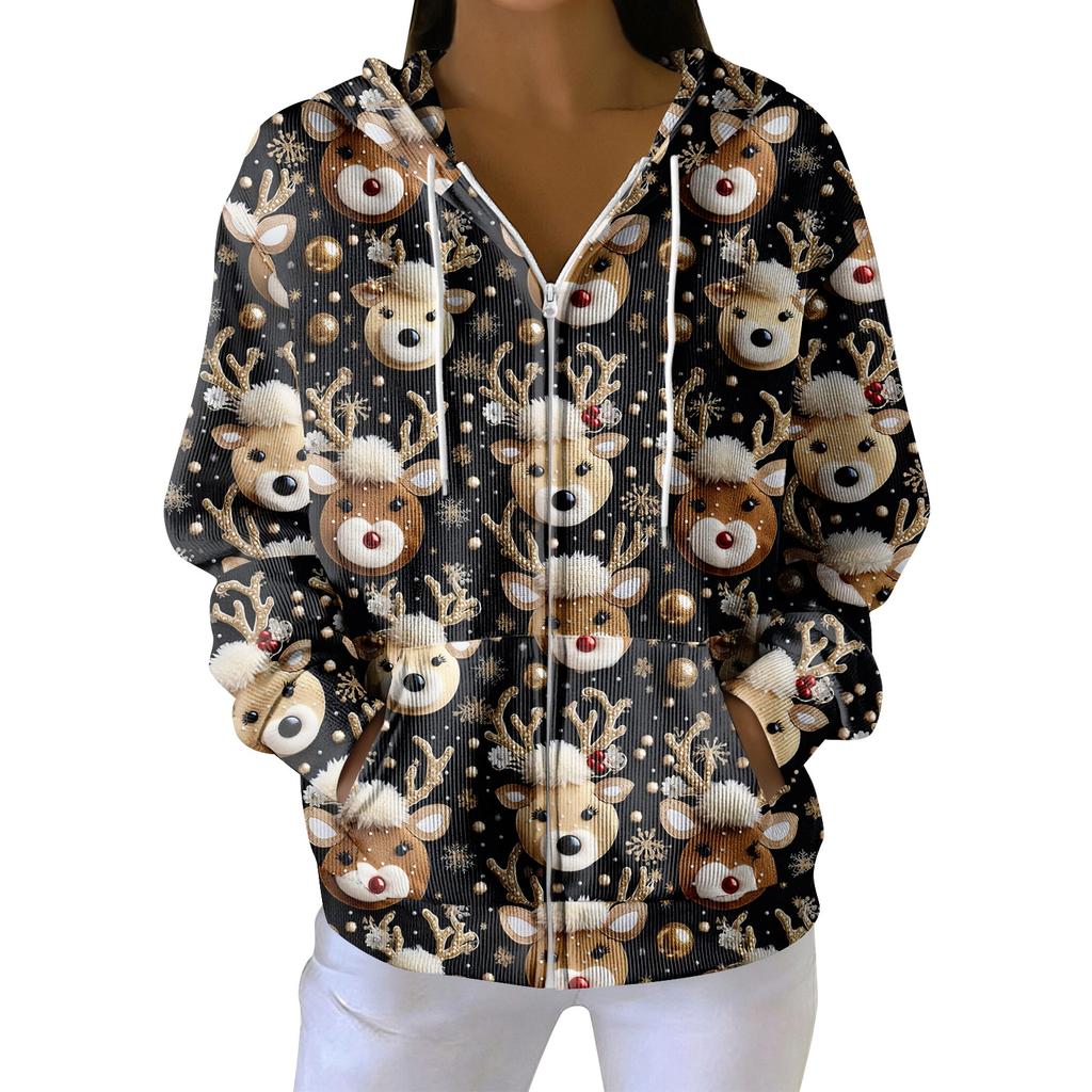 Женская повседневная модная вязаная толстовка с длинными рукавами и застежкой-молнией, с рождественским принтом
