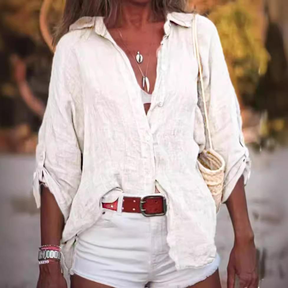 Summer Women's Cotton Linen Blouse Shirts Women Solid Color Short Sleeve Buttons Cardigan Office Tops Vintage Streetwear Clothes