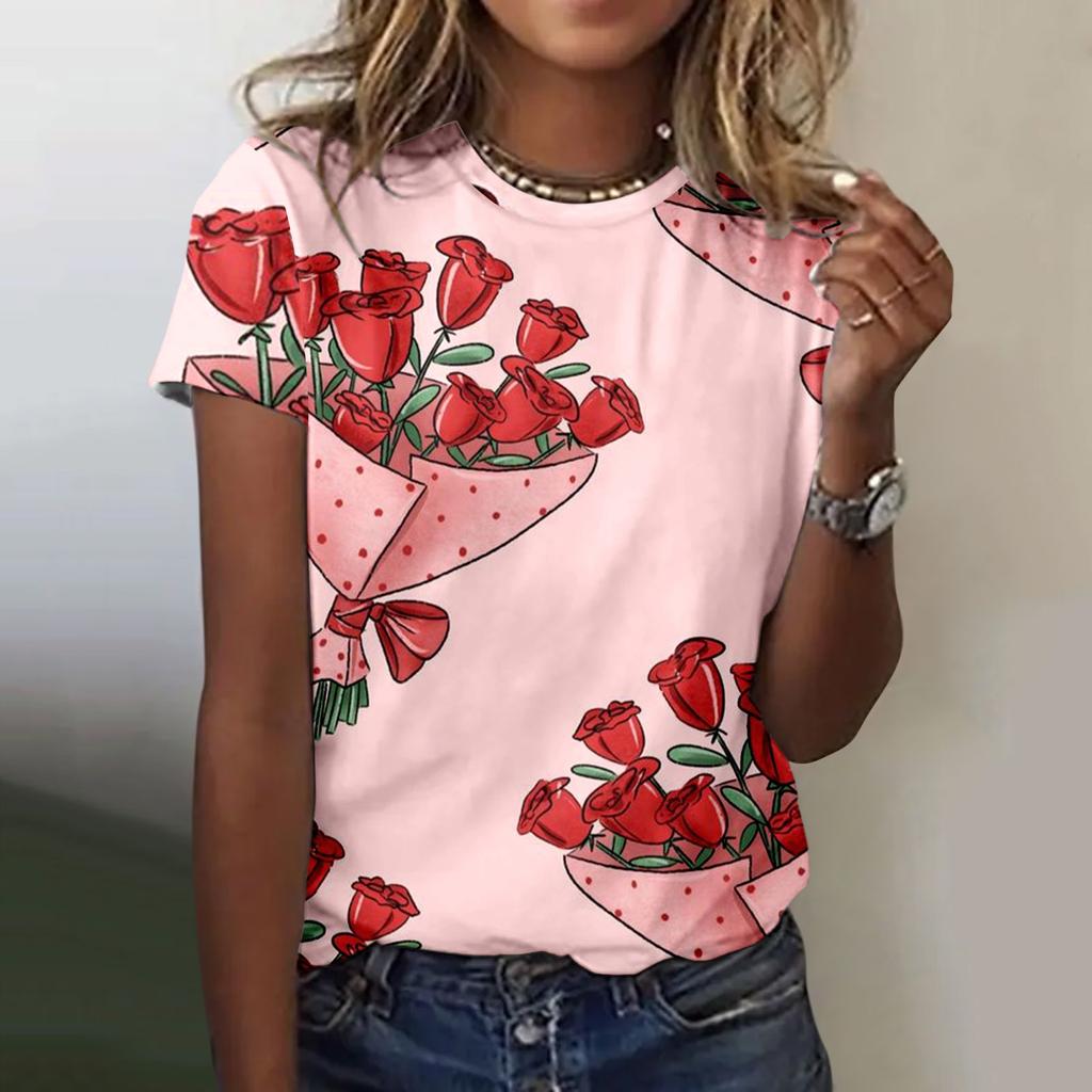 Женская футболка Летний топ с круглым вырезом 3D Красная футболка ко Дню Святого Валентина Модная футболка Универсальная женская большого размера с коротким рукавом