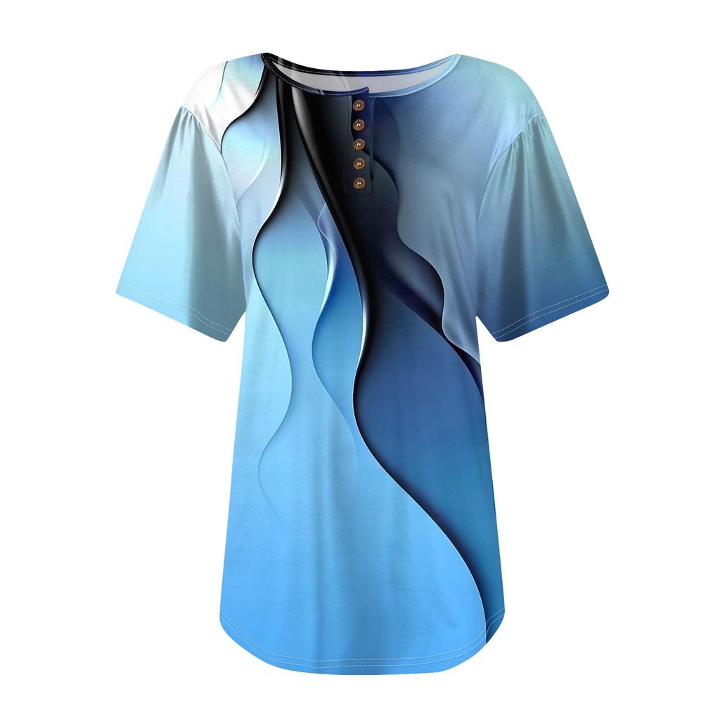 Women's Fashionable Casual Short Sleeve Button Print Round Neck Pullover Top