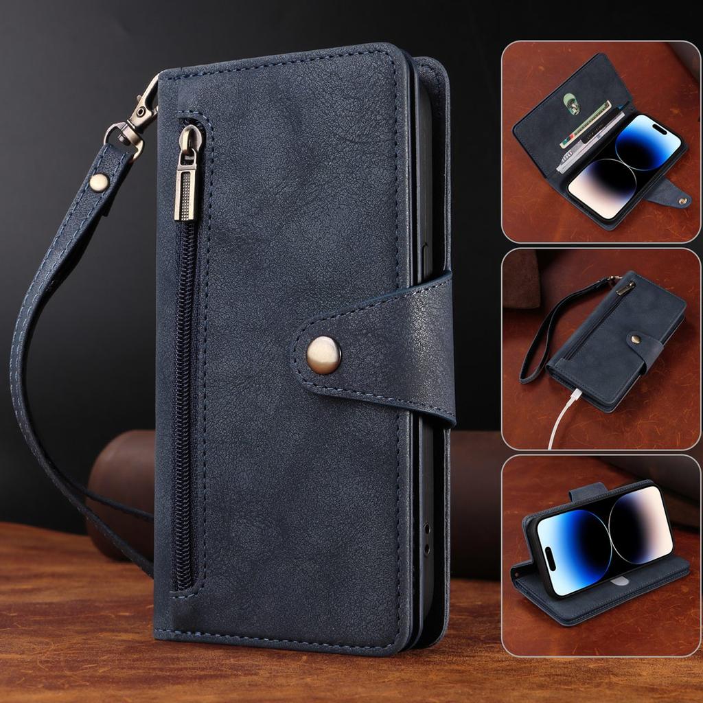 Многофункциональный двухслойный чехол-кошелек на молнии с отделениями для карт и карманом для наличных для iPhone 15, 14, 13, 12, 11, Samsung, Google, откидная крышка из искусственной кожи на ремешке