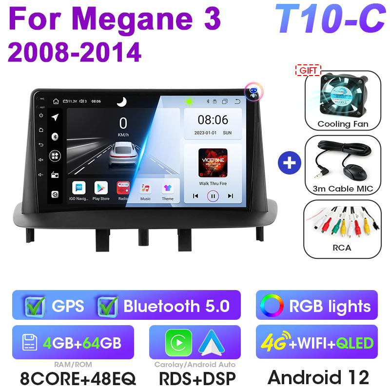 Android 12 Автомобильное радио для Renault Megane 3 Fluence 2008 - 2014 GPS Carplay Auto 2 Din Stereo интеллектуальные системы Smart Autoradio