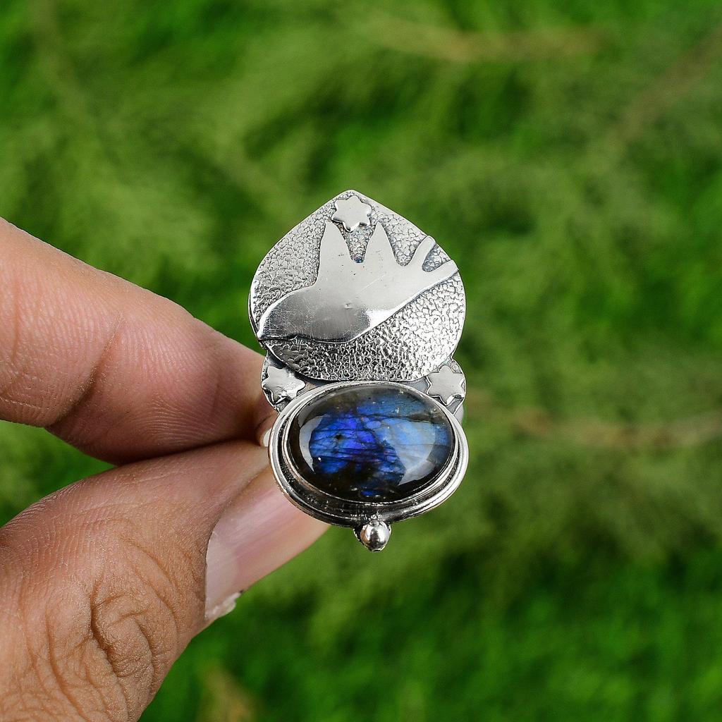 Gift For Women Multi Stone Bird Adjustable Ring 925 Silver Natural Labradorite