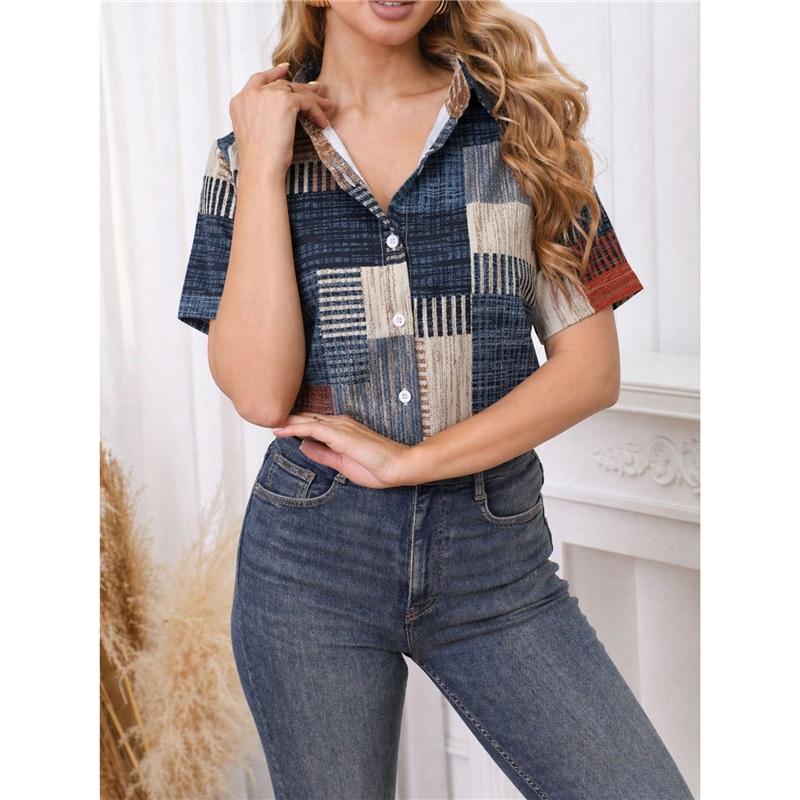 Women Patchwork Plaid Short Sleeve Shirt Lapel Collar Button Down Casual Loose Blouse