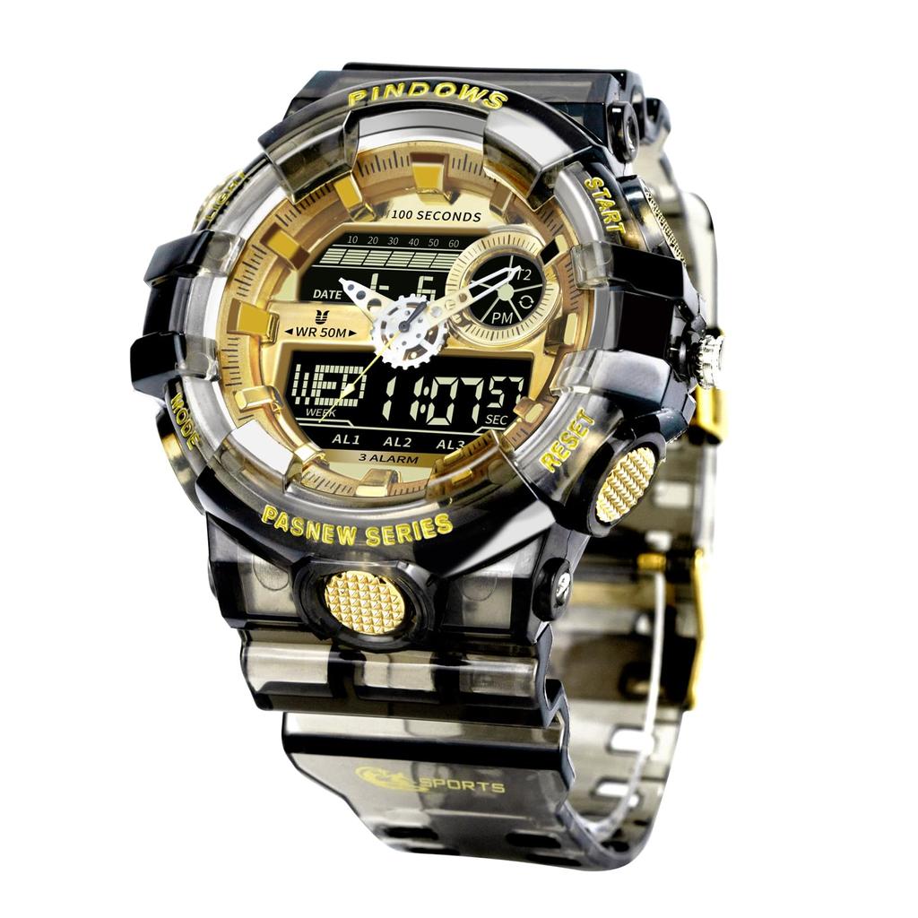 PINDOWS Military Watch Outdoor Sports Electronic Date Multifunction LED Alarm 50 Meter Water Resistant Analog Digital Display Watch Men's Watch, Men's