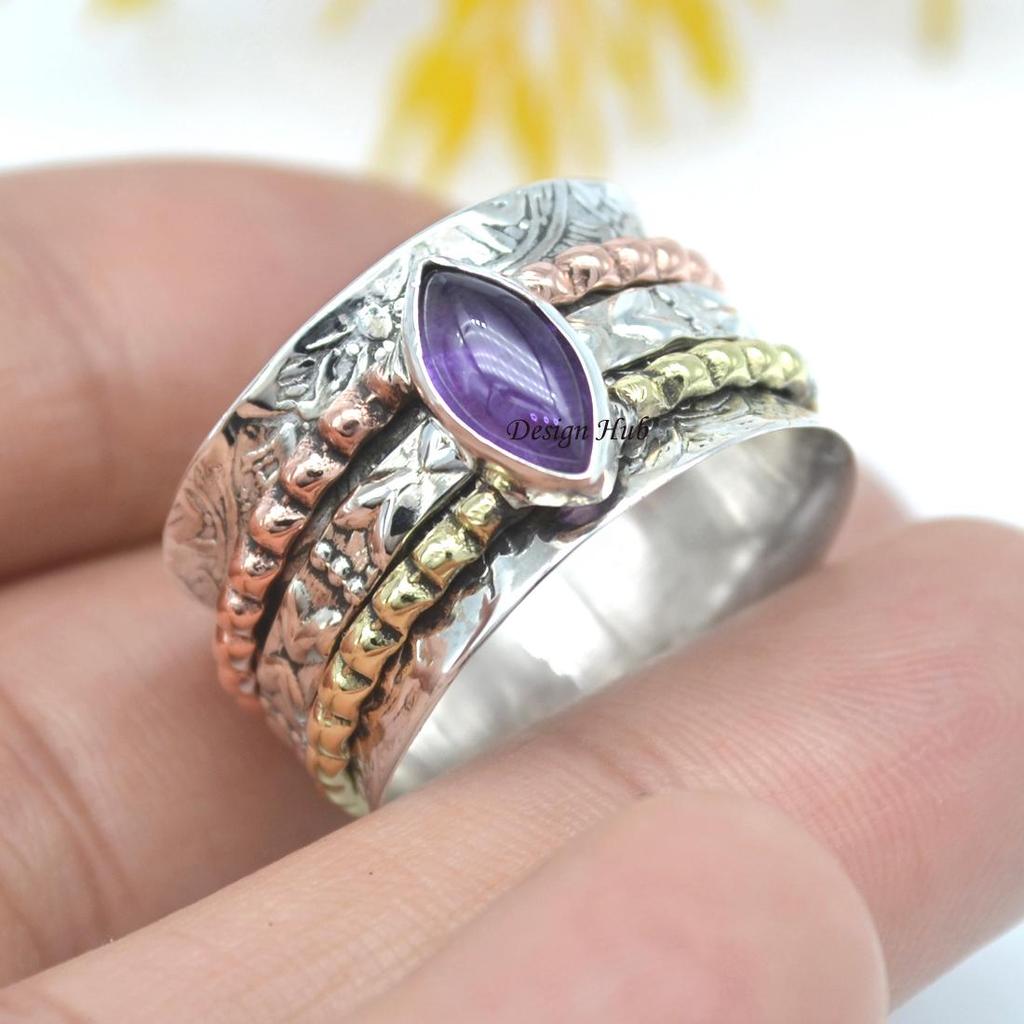 Стерлинговое серебро 925 пробы, кольцо с аметистом, кольцо с вращающимся кольцом, трехцветное кольцо, массивное кольцо, богемное кольцо, полоса с вращающимся кольцом, серебряные украшения