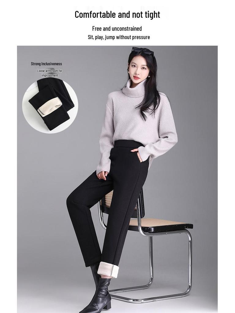 Women's High-Waisted Wool Cigarette Pants - Autumn/Winter, Warm, Versatile, Casual, Plus Velvet & Thickened.