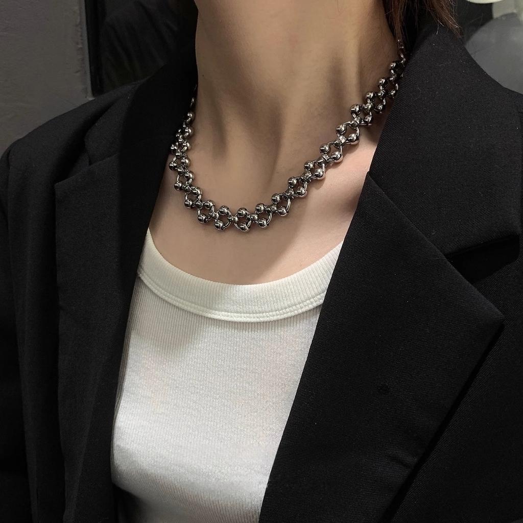 Punk  Hip-hop Fancy Handmade Round Beads Stainless Steel O Word Clavicle Chain Necklace Accessaries Choker for Women Men Jewelry