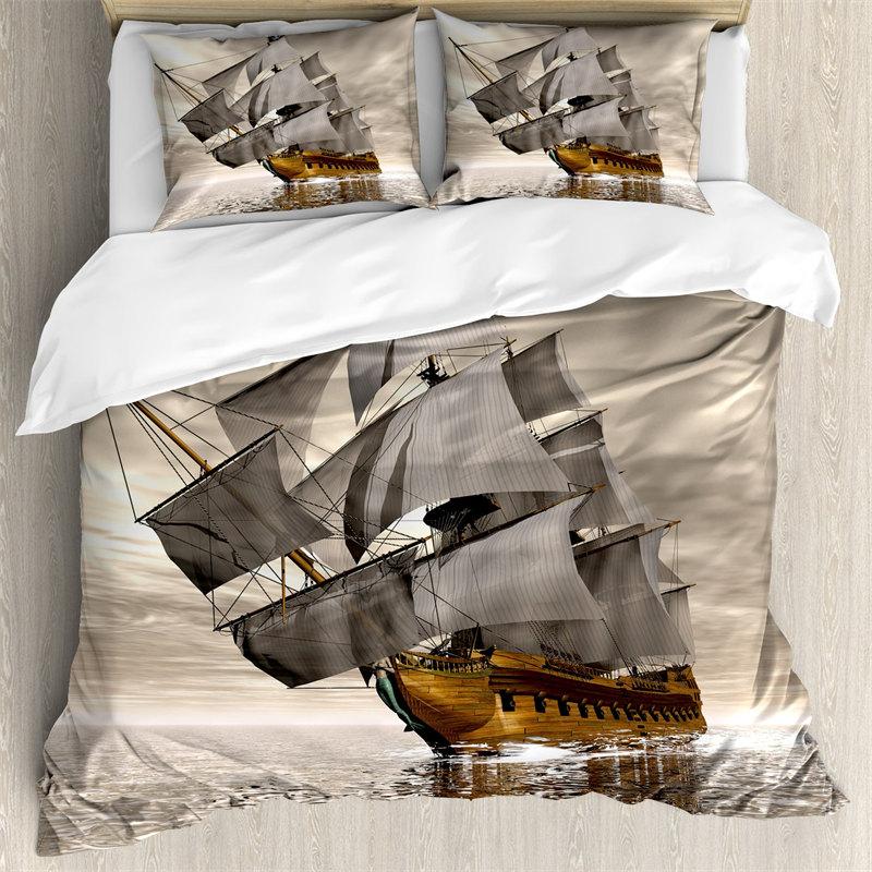 Vintage Pirate Sailboat Duvet Cover Nautical Ocean Theme Bedding Set Microfiber Diablo Style Comforter Cover King For Boys Teens