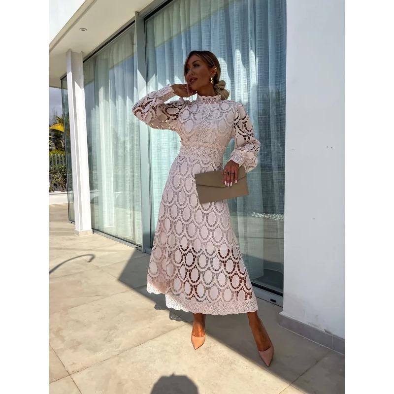 VEZFAA Women's Fashion Spring Fall Solid Color Print Long Sleeve Half Turtleneck High Waist Casual Dresses